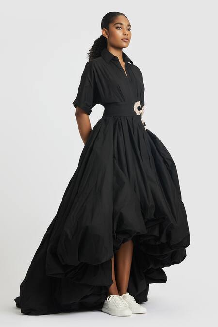 Gauri & Nainika_Black Cotton Embroidery Collared Asymmetric Balloon Hem Dress _Online_at_Aza_Fashions