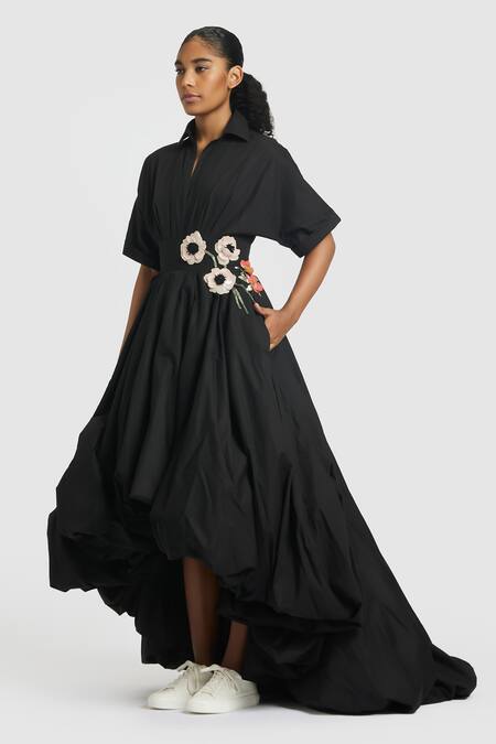 Shop_Gauri & Nainika_Black Cotton Embroidery Collared Asymmetric Balloon Hem Dress _Online_at_Aza_Fashions