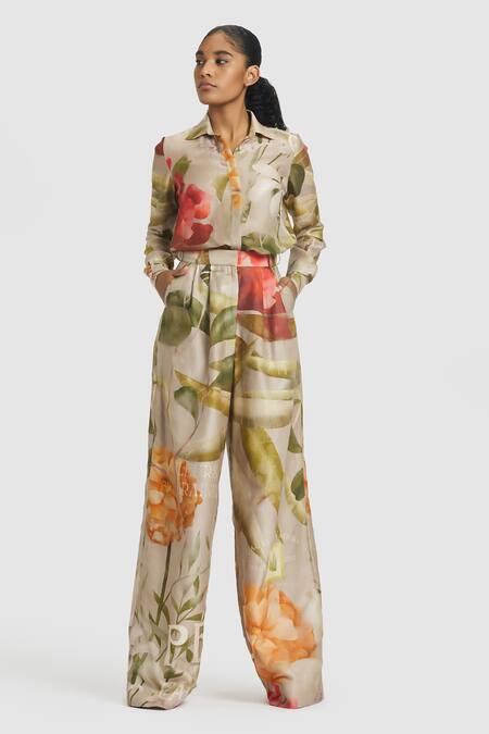 Gauri & Nainika Brown Chanderi Carnation Print Wide Leg Trouser Online at Aza Fashions Gauri & Nainika_Brown Chanderi Carnation Print Wide Leg Trouser _Online_at_Aza_Fashions