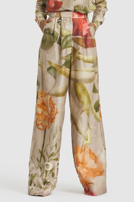 Buy Gauri & Nainika Brown Chanderi Carnation Print Wide Leg Trouser Online at Aza Fashions Buy_Gauri & Nainika_Brown Chanderi Carnation Print Wide Leg Trouser _Online_at_Aza_Fashions
