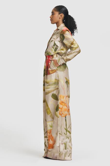 Gauri & Nainika Brown Chanderi Carnation Print Wide Leg Trouser at Aza Fashions Gauri & Nainika_Brown Chanderi Carnation Print Wide Leg Trouser _at_Aza_Fashions