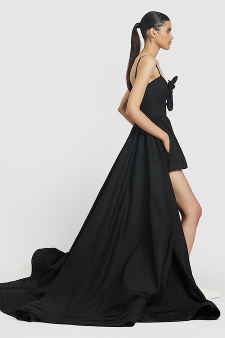 Gauri & Nainika_Black Cotton Bows Sweetheart Neck Knot Detailed Romper With Overskirt _Online_at_Aza_Fashions