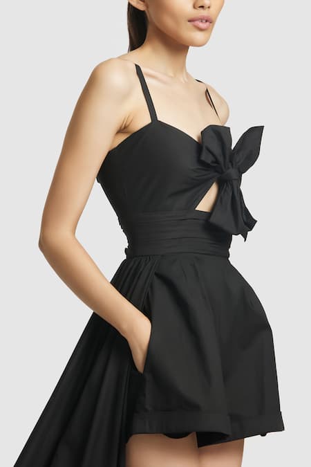 Buy_Gauri & Nainika_Black Cotton Bows Sweetheart Neck Knot Detailed Romper With Overskirt _Online_at_Aza_Fashions