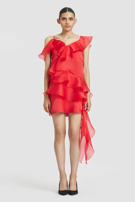 Gauri & Nainika Red Pure Organza Solid Leaf Neck Ruffled Short Shift Dress 