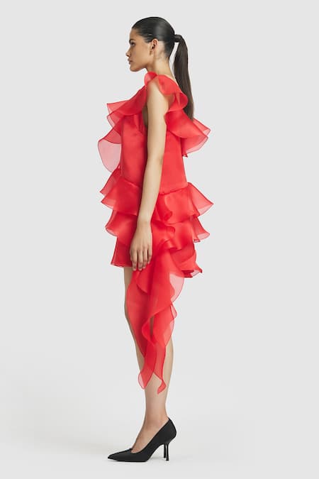 Shop_Gauri & Nainika_Red Organza Asymmetric Ruffled Short Shift Dress _Online_at_Aza_Fashions