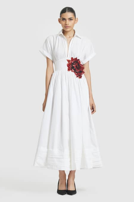 Gauri & Nainika White Cotton Embroidery Sequin Collar Neck Flora Embellished Gathered Midi Dress 