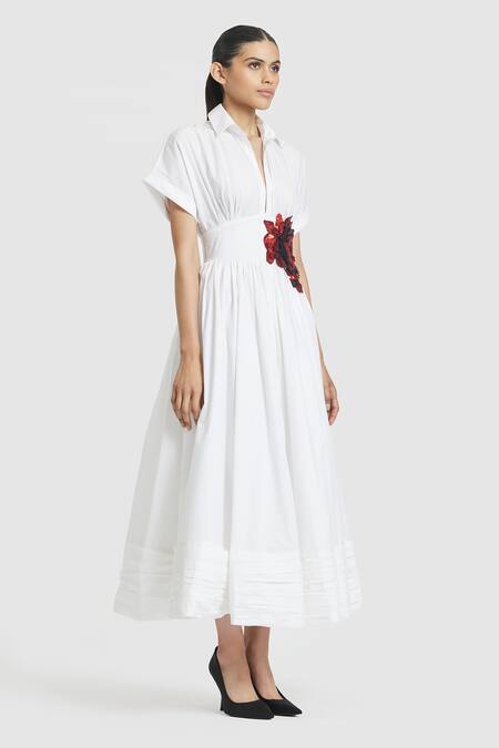 Gauri & Nainika_White Cotton Sequins, Embroidery Collared Floral Gathered Midi Dress _Online_at_Aza_Fashions