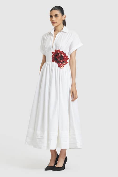 Buy_Gauri & Nainika_White Cotton Sequins, Embroidery Collared Floral Gathered Midi Dress _Online_at_Aza_Fashions