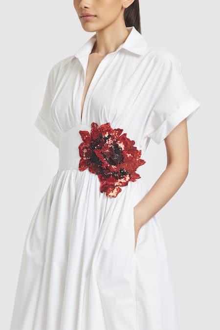 Shop_Gauri & Nainika_White Cotton Sequins, Embroidery Collared Floral Gathered Midi Dress _Online_at_Aza_Fashions