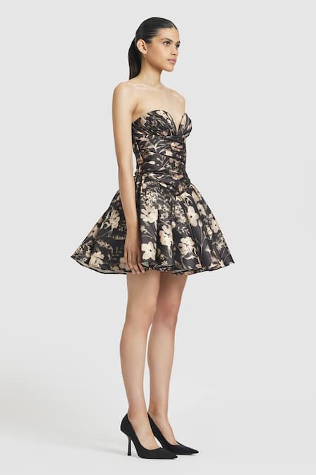 Gauri & Nainika_Black Silk, Nylon Sweetheart Neck Toile Musk Bloom Print Pleated Mini Dress _Online_at_Aza_Fashions