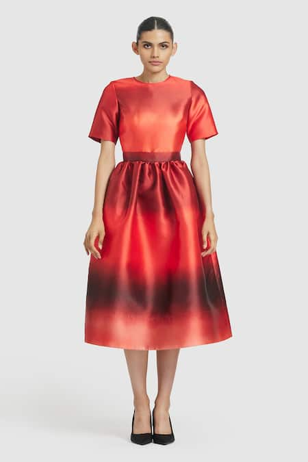 Gauri & Nainika Red Mikado Ombre Round Neck Pattern Midi Dress 