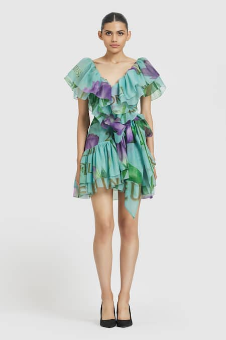 Gauri & Nainika Blue Organza Print Lisianthus V Neck Ruffled Dress 