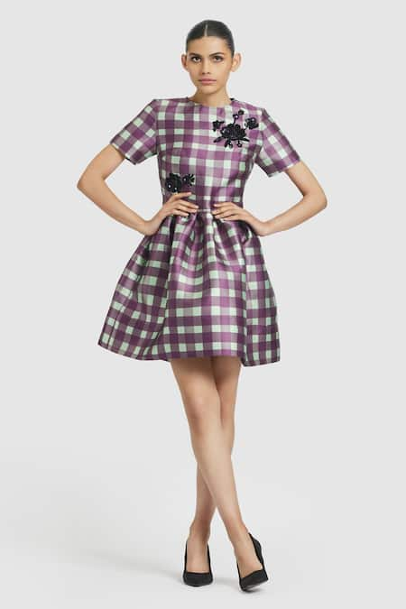 Gauri & Nainika Sequin Rose Embroidered Checkered Dress 