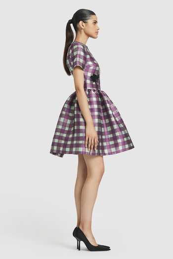 Gauri & Nainika Purple Microfiber Sequins Round Neck Rose Embroidered Checkered Dress Online at Aza Fashions Gauri & Nainika_Purple Microfiber Sequins Round Neck Rose Embroidered Checkered Dress _Online_at_Aza_Fashions