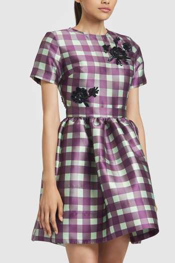 Buy Gauri & Nainika Purple Microfiber Sequins Round Neck Rose Embroidered Checkered Dress Online at Aza Fashions Buy_Gauri & Nainika_Purple Microfiber Sequins Round Neck Rose Embroidered Checkered Dress _Online_at_Aza_Fashions