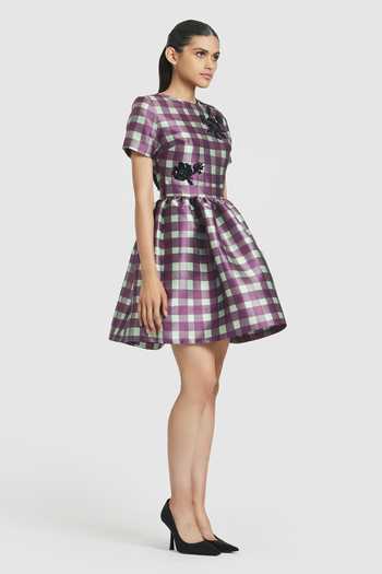 Shop Gauri & Nainika Purple Microfiber Sequins Round Neck Rose Embroidered Checkered Dress Online at Aza Fashions Shop_Gauri & Nainika_Purple Microfiber Sequins Round Neck Rose Embroidered Checkered Dress _Online_at_Aza_Fashions
