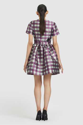 Shop Gauri & Nainika Purple Microfiber Sequins Round Neck Rose Embroidered Checkered Dress at Aza Fashions Shop_Gauri & Nainika_Purple Microfiber Sequins Round Neck Rose Embroidered Checkered Dress _at_Aza_Fashions