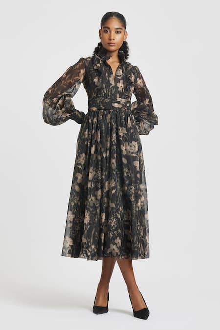 Gauri & Nainika Gardenia Print Gathered Midi Dress 