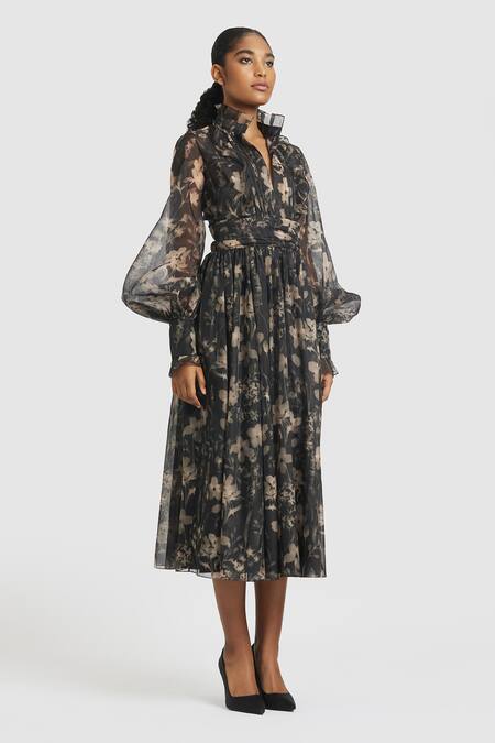 Gauri & Nainika Black Chiffon Collared Gardenia Print Gathered Midi Dress Online at Aza Fashions Gauri & Nainika_Black Chiffon Collared Gardenia Print Gathered Midi Dress _Online_at_Aza_Fashions