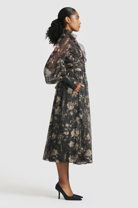 Buy Gauri & Nainika Black Chiffon Collared Gardenia Print Gathered Midi Dress Online at Aza Fashions Buy_Gauri & Nainika_Black Chiffon Collared Gardenia Print Gathered Midi Dress _Online_at_Aza_Fashions