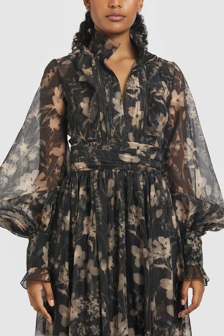 Shop Gauri & Nainika Black Chiffon Collared Gardenia Print Gathered Midi Dress Online at Aza Fashions Shop_Gauri & Nainika_Black Chiffon Collared Gardenia Print Gathered Midi Dress _Online_at_Aza_Fashions