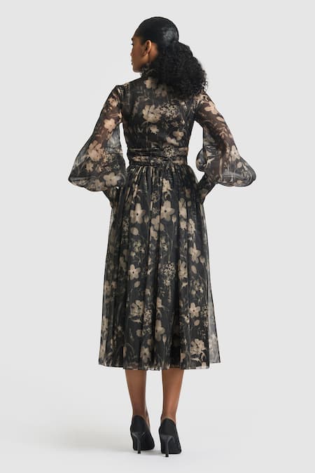 Shop Gauri & Nainika Black Chiffon Collared Gardenia Print Gathered Midi Dress at Aza Fashions Shop_Gauri & Nainika_Black Chiffon Collared Gardenia Print Gathered Midi Dress _at_Aza_Fashions