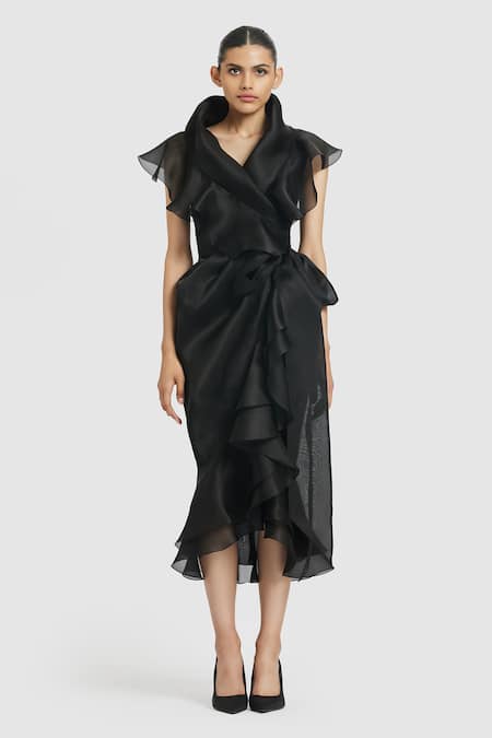 Gauri & Nainika Black Organza Solid Shawl Collar Wrap Midi Dress 