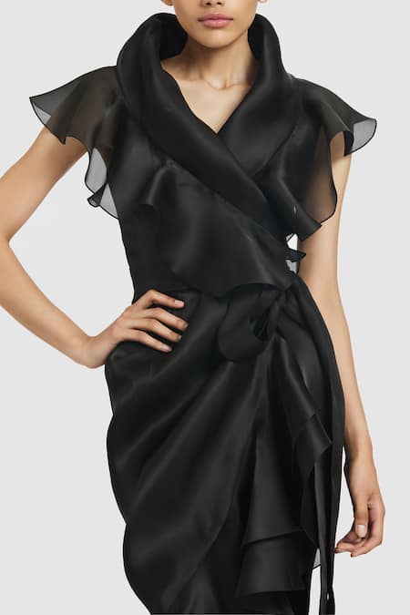 Gauri & Nainika_Black Organza Shawl Neck Solid Collar Wrap Midi Dress _Online_at_Aza_Fashions