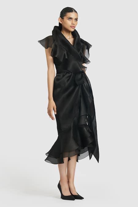 Buy_Gauri & Nainika_Black Organza Shawl Neck Solid Collar Wrap Midi Dress _Online_at_Aza_Fashions