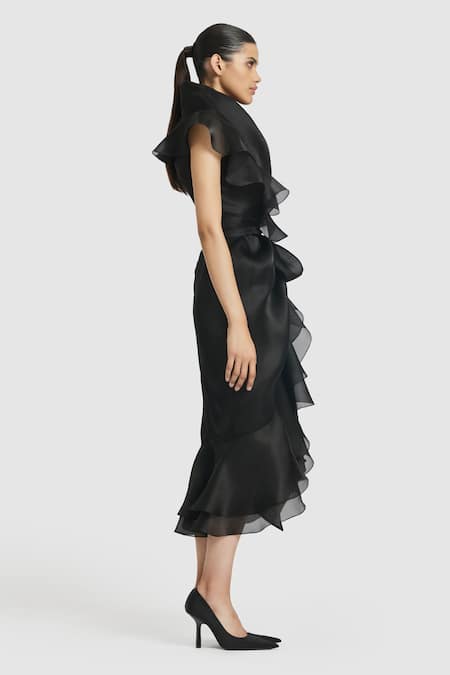 Shop_Gauri & Nainika_Black Organza Shawl Neck Solid Collar Wrap Midi Dress _Online_at_Aza_Fashions