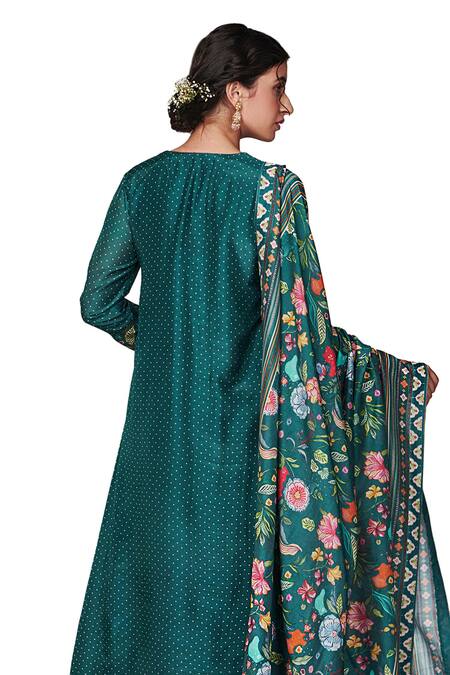 Buy_Blooming Threads_Blue Cotton, Silk, Organza Bagicha Polka Dot Kurta Floral Pant Set 