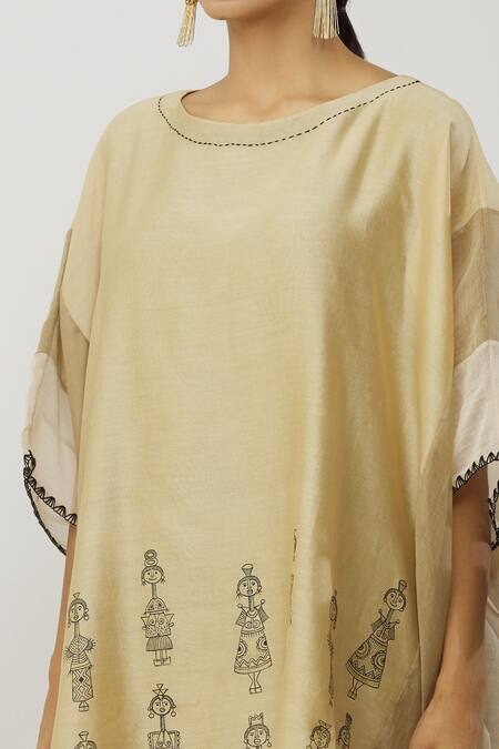 Buy_Neeta Bhargava_Beige Chanderi Round Neck Hand Painted Kaftan And Pant Set _Online_at_Aza_Fashions
