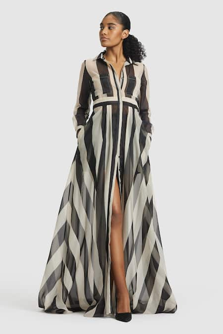 Gauri & Nainika Black Organza Printed Striped Collar Shirt Dress 