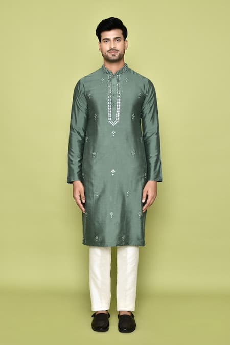 Shop Arihant Rai Sinha Green Silk Mirrors Embroidered Kurta With Pant Online at Aza Fashions Shop_Arihant Rai Sinha_Green Silk Mirrors Embroidered Kurta With Pant _Online_at_Aza_Fashions