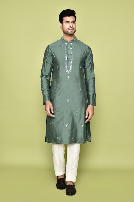 Shop Arihant Rai Sinha Green Silk Mirrors Embroidered Kurta With Pant Shop_Arihant Rai Sinha_Green Silk Mirrors Embroidered Kurta With Pant