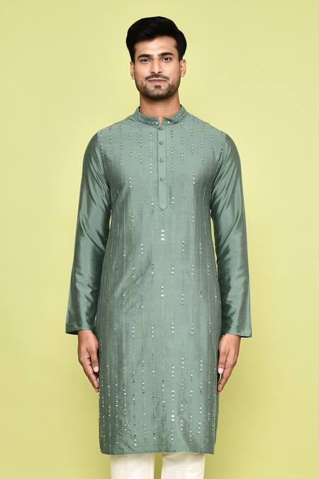 Shop Arihant Rai Sinha Green Silk, Cotton Mirrors Embroidered Kurta With Pant Online at Aza Fashions Shop_Arihant Rai Sinha_Green Silk, Cotton Mirrors Embroidered Kurta With Pant _Online_at_Aza_Fashions