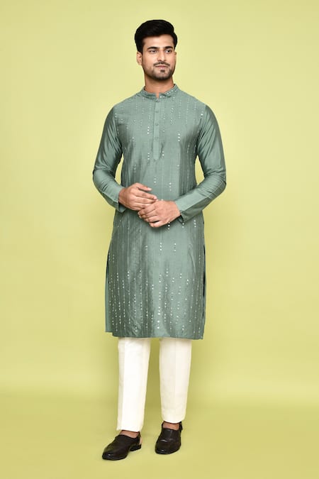 Shop Arihant Rai Sinha Green Silk, Cotton Mirrors Embroidered Kurta With Pant Shop_Arihant Rai Sinha_Green Silk, Cotton Mirrors Embroidered Kurta With Pant