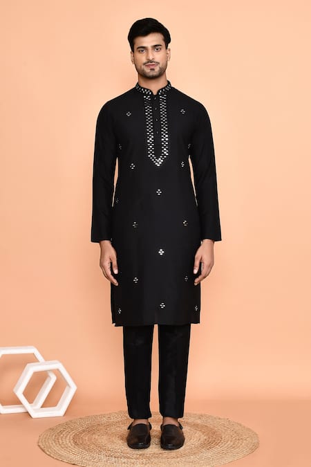 Buy_Arihant Rai Sinha_Black Silk Mirrors, Embroidery Placket Kurta With Pant _Online_at_Aza_Fashions