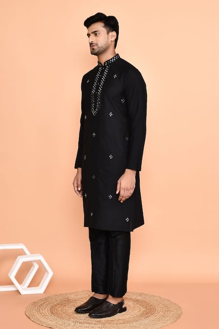 Shop_Arihant Rai Sinha_Black Silk Mirrors, Embroidery Placket Kurta With Pant _Online_at_Aza_Fashions