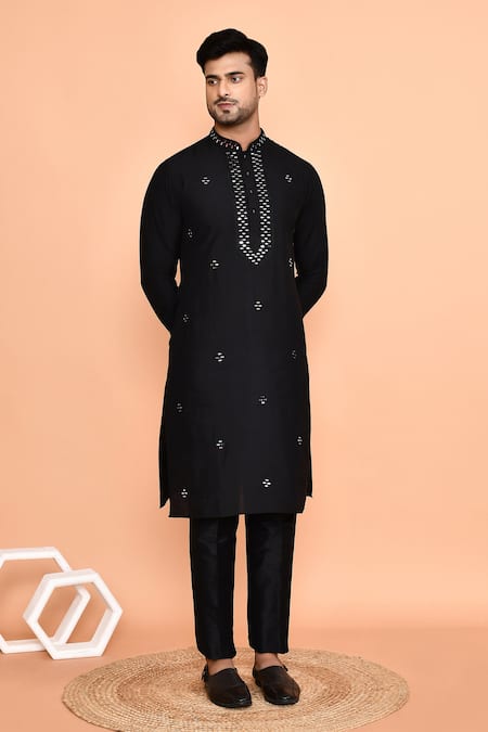 Buy_Arihant Rai Sinha_Black Silk Mirrors, Embroidery Placket Kurta With Pant 