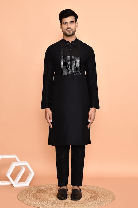 Buy_Arihant Rai Sinha_Black Silk Embroidery Geometric Kurta With Pant _Online_at_Aza_Fashions