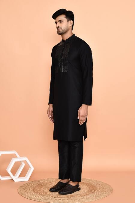 Shop_Arihant Rai Sinha_Black Silk Embroidery Geometric Kurta With Pant _Online_at_Aza_Fashions