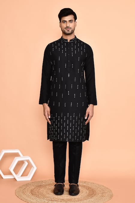 Buy_Arihant Rai Sinha_Black Silk Mirrors Line Embroidered Kurta With Pant _Online_at_Aza_Fashions
