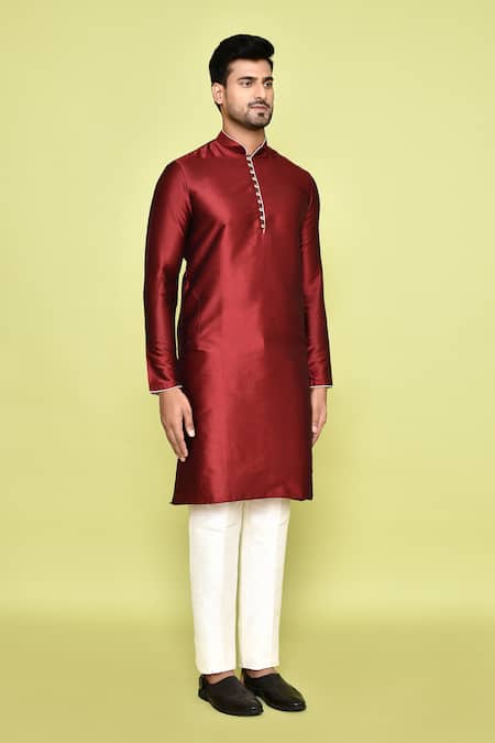 Arihant Rai Sinha_Maroon Silk, Cotton Mandarin Collar Kurta With Pant _at_Aza_Fashions