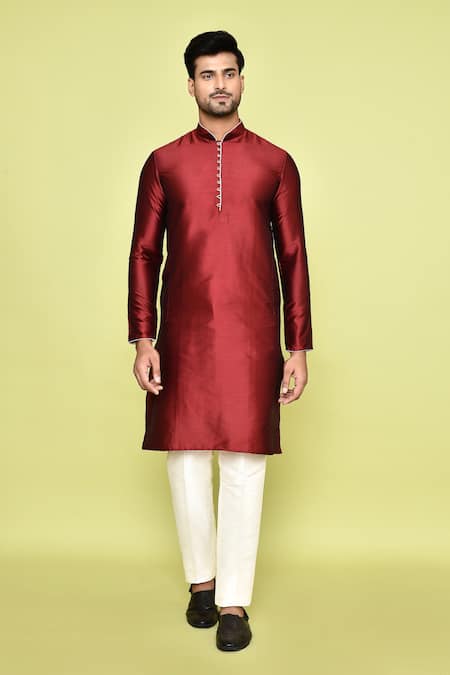 Buy_Arihant Rai Sinha_Maroon Silk, Cotton Mandarin Collar Kurta With Pant 