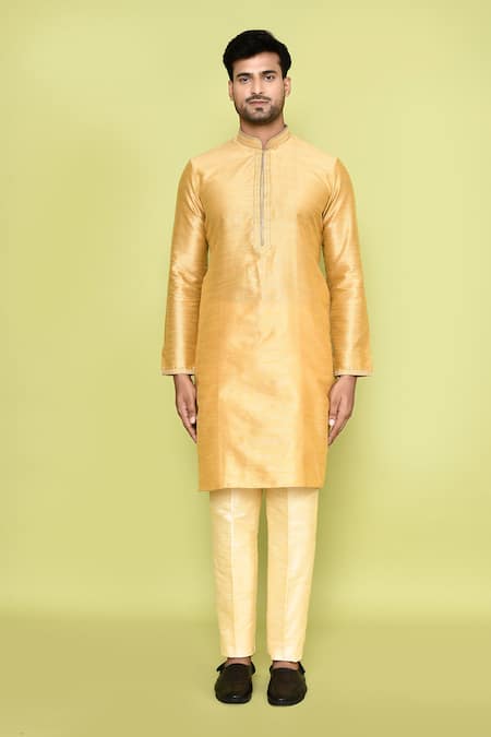 Buy_Arihant Rai Sinha_Beige Silk Stones Embroidered Placket Kurta With Pant_Online_at_Aza_Fashions