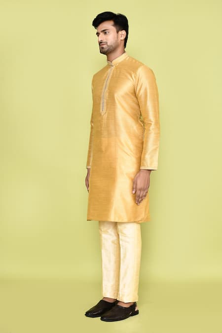 Shop_Arihant Rai Sinha_Beige Silk Stones Embroidered Placket Kurta With Pant_Online_at_Aza_Fashions