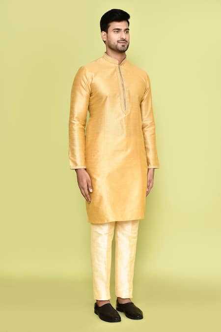 Arihant Rai Sinha_Beige Silk Stones Embroidered Placket Kurta With Pant_at_Aza_Fashions