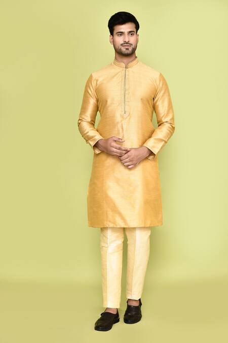 Buy_Arihant Rai Sinha_Beige Silk Stones Embroidered Placket Kurta With Pant