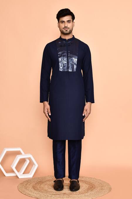 Buy_Arihant Rai Sinha_Blue Cotton Embroidery Solid Geometric Placket Kurta With Pant_Online_at_Aza_Fashions